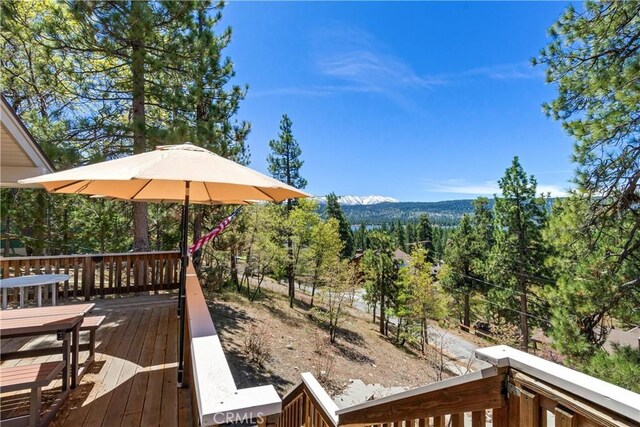 wooden deck featuring a mountain view
