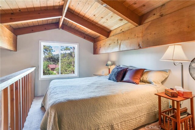 bedroom featuring carpet floors, vaulted ceiling with beams, and wooden ceiling
