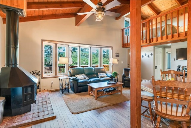 living area featuring a wood stove, wood ceiling, hardwood / wood-style floors, and beamed ceiling