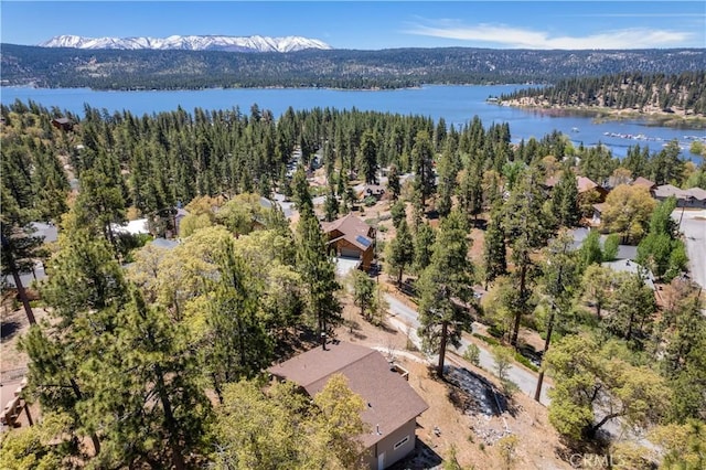 bird's eye view featuring a wooded view and a water and mountain view