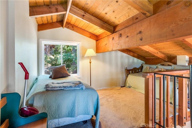 carpeted bedroom featuring wood ceiling and vaulted ceiling with beams