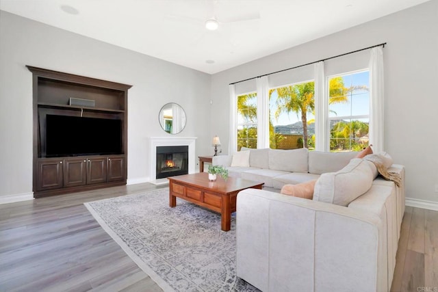 living room with light wood-style floors, baseboards, and a glass covered fireplace