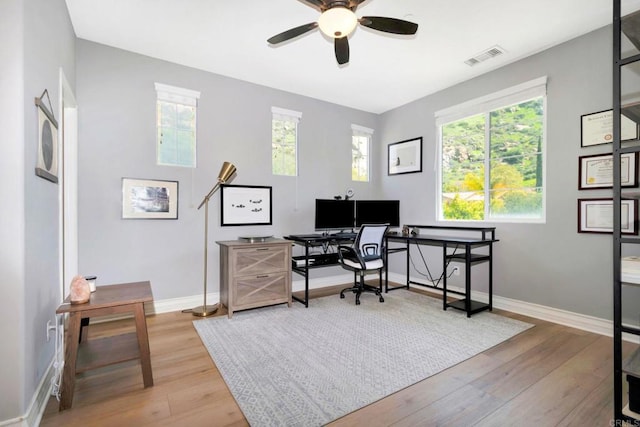 office featuring wood finished floors, ceiling fan, baseboards, and visible vents