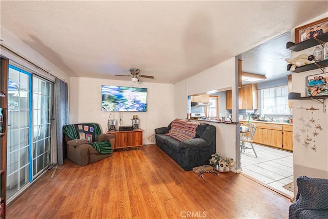 living area featuring light wood-style flooring and a ceiling fan