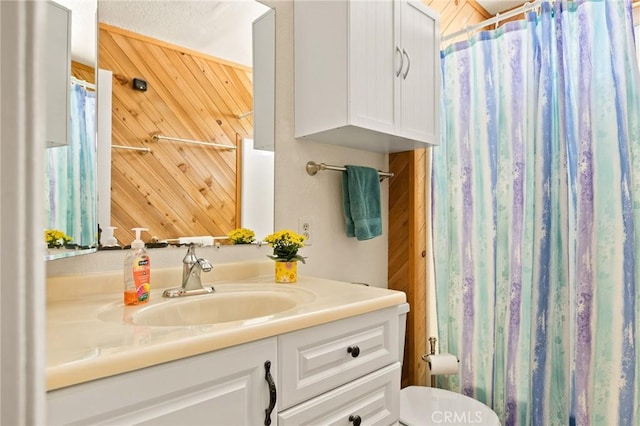 337 Lookout Dr, Twin Peaks, CA 92391 - full bathroom with toilet, wooden walls, vanity, and a shower with curtain
