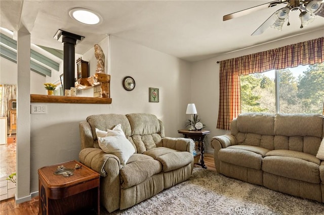337 Lookout Dr, Twin Peaks, CA 92391 - living room featuring lofted ceiling, ceiling fan, baseboards, and wood finished floors