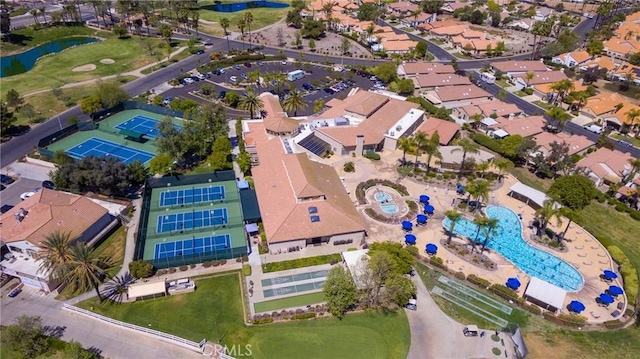 24182 Via Llano, Murrieta, CA 92562 - aerial perspective of suburban area featuring a pool, a nearby body of water, and a golf club
