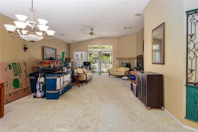 24182 Via Llano, Murrieta, CA 92562 - living area featuring light colored carpet, vaulted ceiling, a chandelier, a ceiling fan, and a fireplace