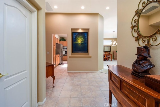 24182 Via Llano, Murrieta, CA 92562 - hall featuring light tile patterned flooring, a chandelier, recessed lighting, and baseboards
