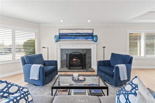 351 W Northridge Ave, Glendora, CA 91741 - living area with wood finished floors, baseboards, ornamental molding, and a tile fireplace