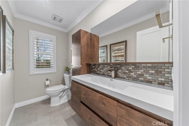351 W Northridge Ave, Glendora, CA 91741 - bathroom featuring crown molding, visible vents, toilet, and decorative backsplash