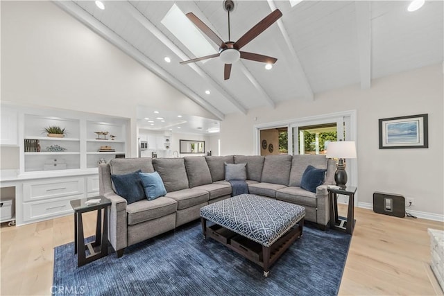 351 W Northridge Ave, Glendora, CA 91741 - living area featuring baseboards, a ceiling fan, light wood-style floors, beam ceiling, and high vaulted ceiling