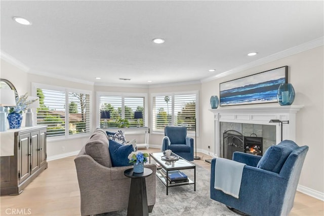 351 W Northridge Ave, Glendora, CA 91741 - living area with ornamental molding, baseboards, light wood-type flooring, and a tile fireplace