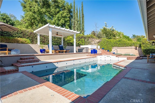 351 W Northridge Ave, Glendora, CA 91741 - view of pool featuring a fenced in pool, a patio, a ceiling fan, a fenced backyard, and a gazebo