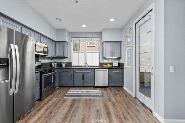 kitchen featuring wood finished floors, gray cabinets, stainless steel appliances, and a sink