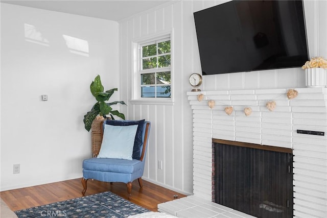 living area featuring wood finished floors and a fireplace