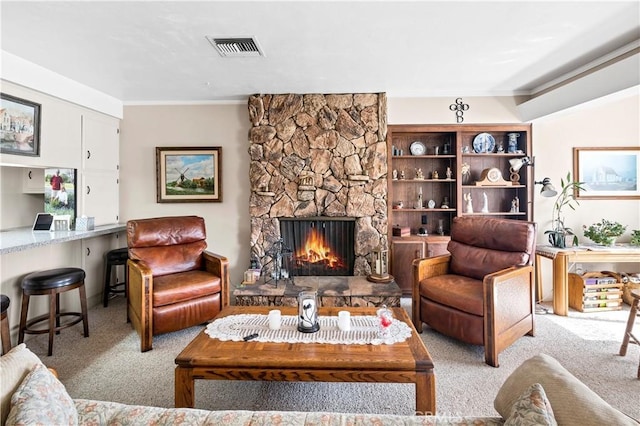 250 N Wateka St, San Jacinto, CA 92583 - living area featuring carpet floors, a fireplace, and ornamental molding