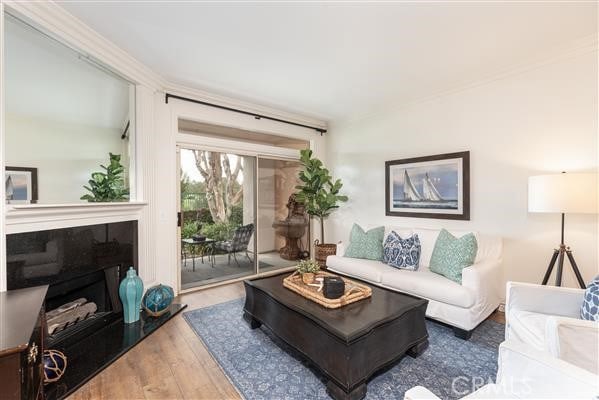 living area with ornamental molding, a fireplace with raised hearth, and wood finished floors