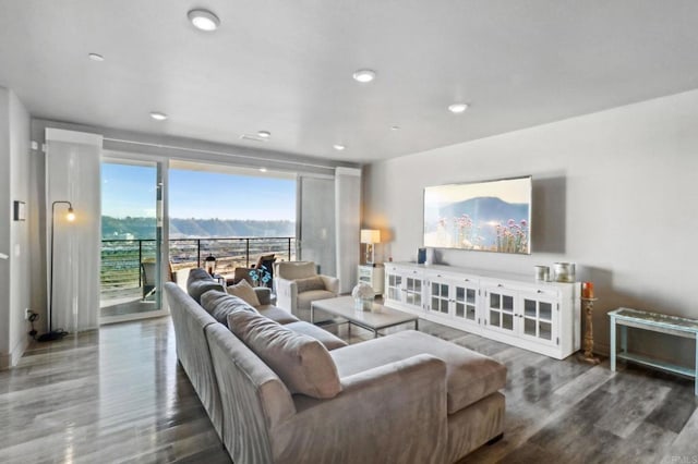 living room with recessed lighting and wood finished floors