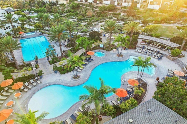 pool with a community hot tub and a patio