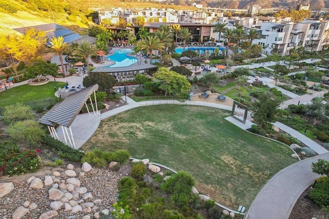 2929 Via Alta Pl, San Diego, CA 92108 - aerial view of property and surrounding area featuring a pool area