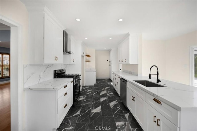 8620 S 4th Ave, Inglewood, CA 90305 - kitchen with range with gas cooktop, a sink, wall chimney exhaust hood, dishwasher, and white cabinets