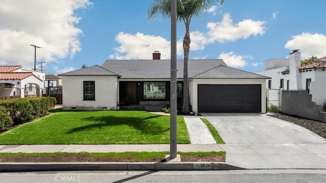 8620 S 4th Ave, Inglewood, CA 90305 - view of front of home with concrete driveway, a garage, stucco siding, crawl space, and a chimney