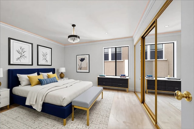 35 Linden Unit 302, Long Beach, CA 90802 - bedroom with crown molding, light wood-style flooring, a closet, baseboards, and recessed lighting
