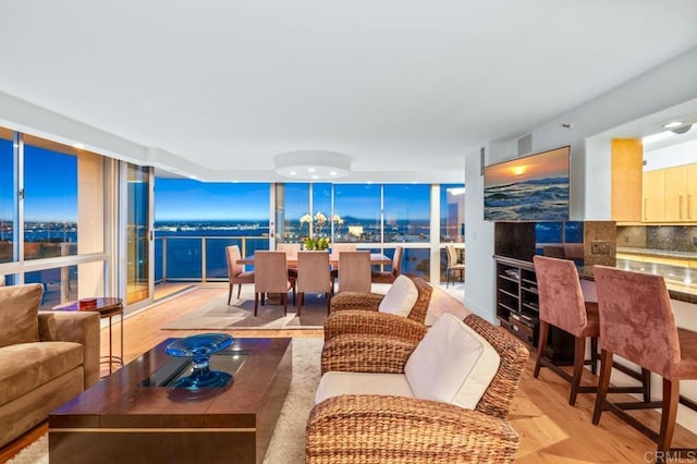living room featuring expansive windows, wood finished floors, and a water view