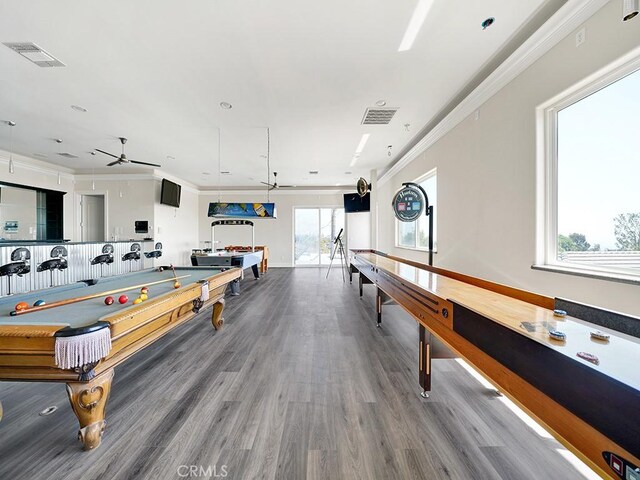 8309 Hillside Rd, Alta Loma, CA 91701 - playroom with billiards table, wood finished floors, ornamental molding, and ceiling fan