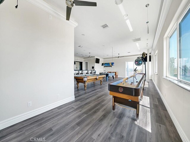 8309 Hillside Rd, Alta Loma, CA 91701 - playroom featuring billiards, dark wood-style flooring, baseboards, a ceiling fan, and crown molding