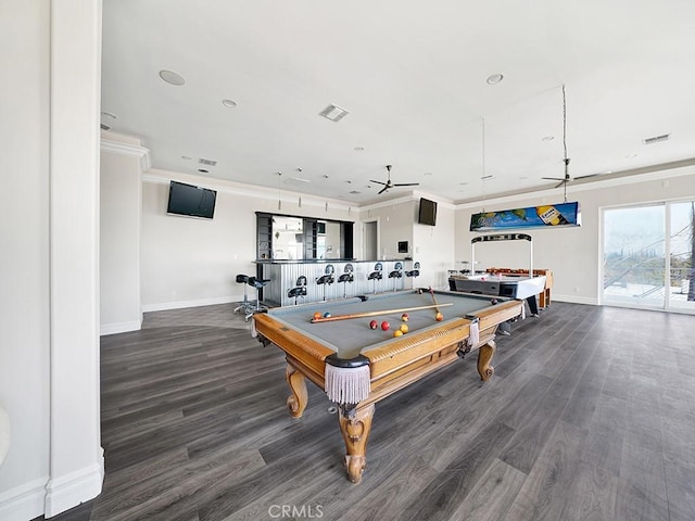 8309 Hillside Rd, Alta Loma, CA 91701 - playroom featuring pool table, ornamental molding, a ceiling fan, baseboards, and dark wood-type flooring