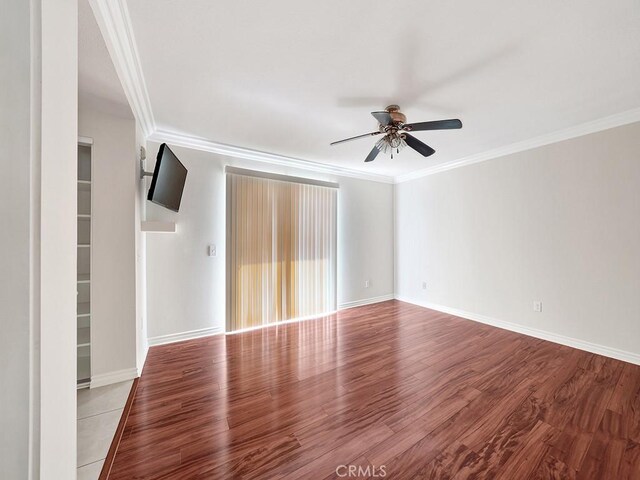 8309 Hillside Rd, Alta Loma, CA 91701 - empty room with a ceiling fan, ornamental molding, wood finished floors, and baseboards