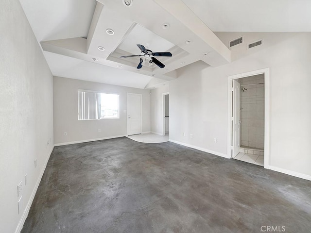 8309 Hillside Rd, Alta Loma, CA 91701 - empty room featuring concrete flooring, a ceiling fan, baseboards, and lofted ceiling