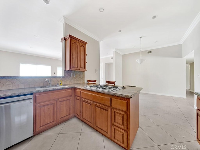 8309 Hillside Rd, Alta Loma, CA 91701 - kitchen featuring stainless steel dishwasher, a sink, white gas stovetop, tasteful backsplash, and ornamental molding