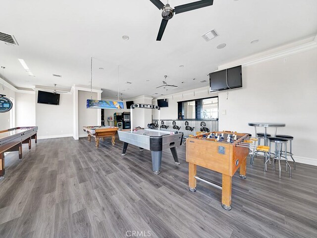 8309 Hillside Rd, Alta Loma, CA 91701 - playroom with pool table, wood finished floors, ceiling fan, baseboards, and ornamental molding