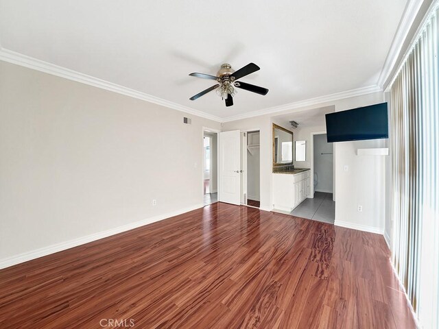 8309 Hillside Rd, Alta Loma, CA 91701 - unfurnished bedroom featuring wood finished floors, ornamental molding, baseboards, a ceiling fan, and ensuite bath