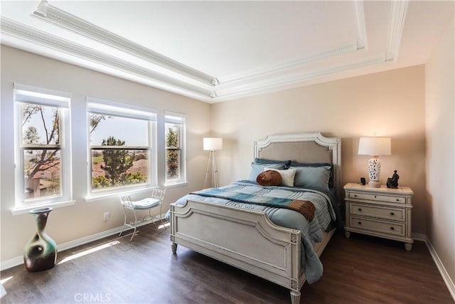 26962 Willow Tree Ln, Laguna Hills, CA 92653 - bedroom featuring baseboards, crown molding, dark wood-type flooring, and a raised ceiling