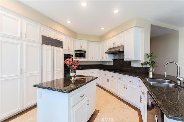 26962 Willow Tree Ln, Laguna Hills, CA 92653 - kitchen featuring white cabinets, black appliances, under cabinet range hood, and a sink