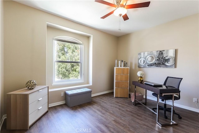 26962 Willow Tree Ln, Laguna Hills, CA 92653 - office space with a ceiling fan, baseboards, and dark wood-style flooring