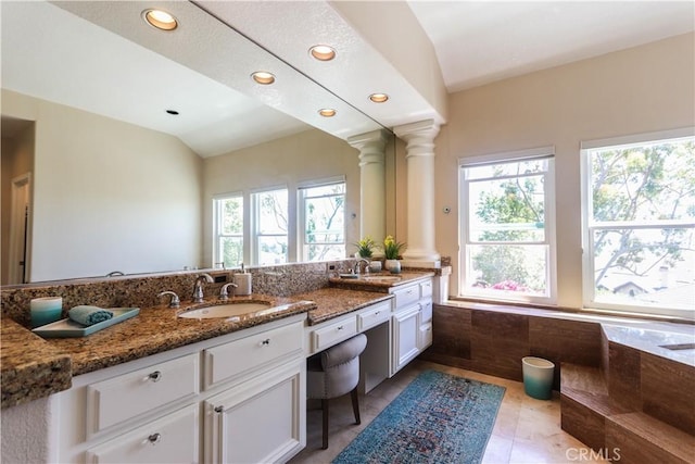 26962 Willow Tree Ln, Laguna Hills, CA 92653 - bathroom with vaulted ceiling, vanity, and recessed lighting