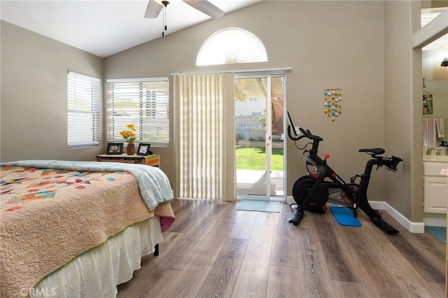 23898 Via Pamilla, Murrieta, CA 92562 - bedroom with access to outside, wood finished floors, vaulted ceiling, baseboards, and ceiling fan