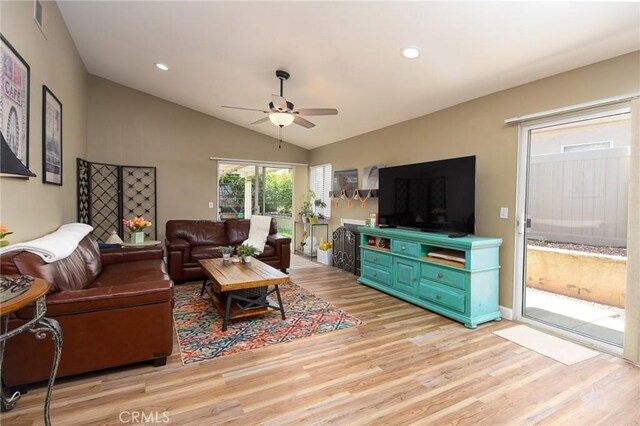 23898 Via Pamilla, Murrieta, CA 92562 - living area with ceiling fan, light wood-style floors, vaulted ceiling, and recessed lighting
