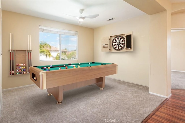 32460 Perigord Rd, Winchester, CA 92596 - recreation room with billiards, a ceiling fan, carpet floors, and wood finished floors