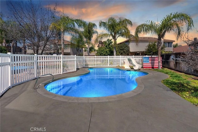 32460 Perigord Rd, Winchester, CA 92596 - view of pool featuring a fenced backyard, a water slide, and a patio area