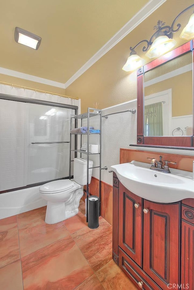 bathroom with shower / bathtub combination, vanity, ornamental molding, and toilet