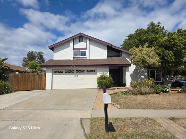 traditional home featuring stucco siding, fence, roof with shingles, concrete driveway, and an attached garage