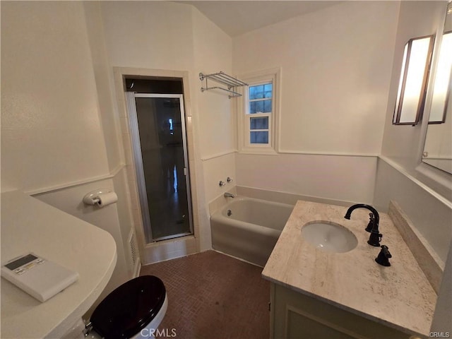 full bath with a shower stall, a garden tub, and vanity