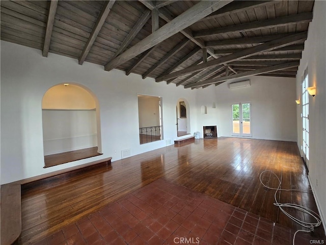 unfurnished living room featuring wood ceiling, lofted ceiling with beams, arched walkways, and visible vents