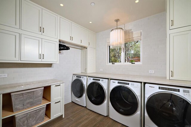 18320 Colina Fuerte, Rancho Santa Fe, CA 92067 - laundry room with washer and dryer, cabinet space, a chandelier, dark wood finished floors, and recessed lighting